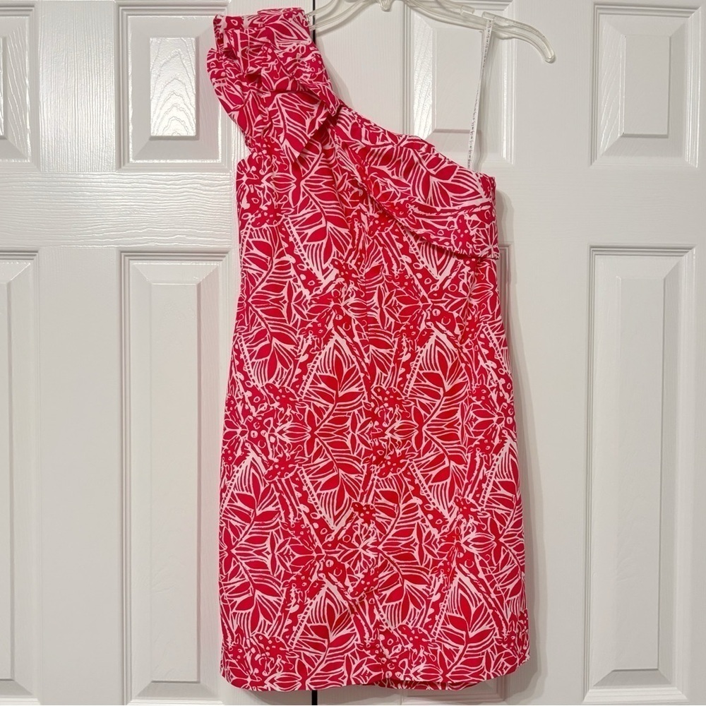 Lilly Pulitzer Sandra Ruffled One Shoulder Dress In Punch Pink Women's Size 00 - Picture 2 of 5